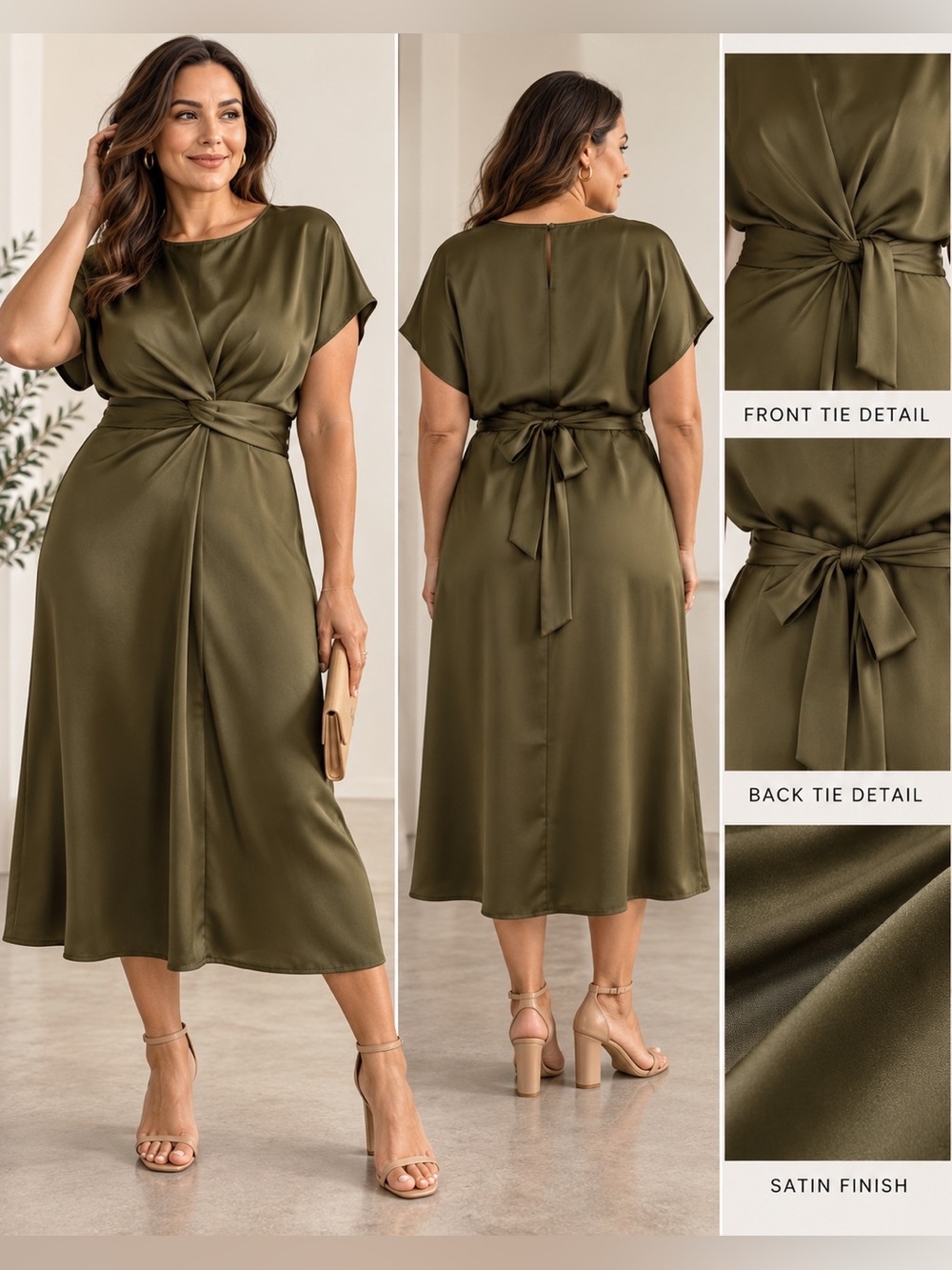 NWT J.Jill Wearever Satin Midi Dress XL Spinach Olive Tie Waist $139